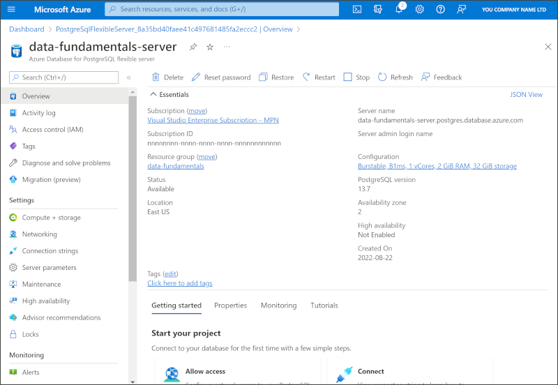 Screenshot: Azure-Portal mit der Seite „Azure Database for PostgreSQL“