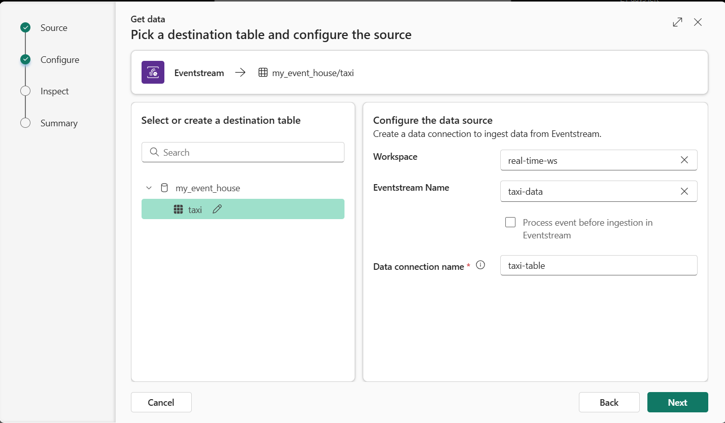 Captura de pantalla de la configuración para cargar una tabla desde un flujo de eventos.