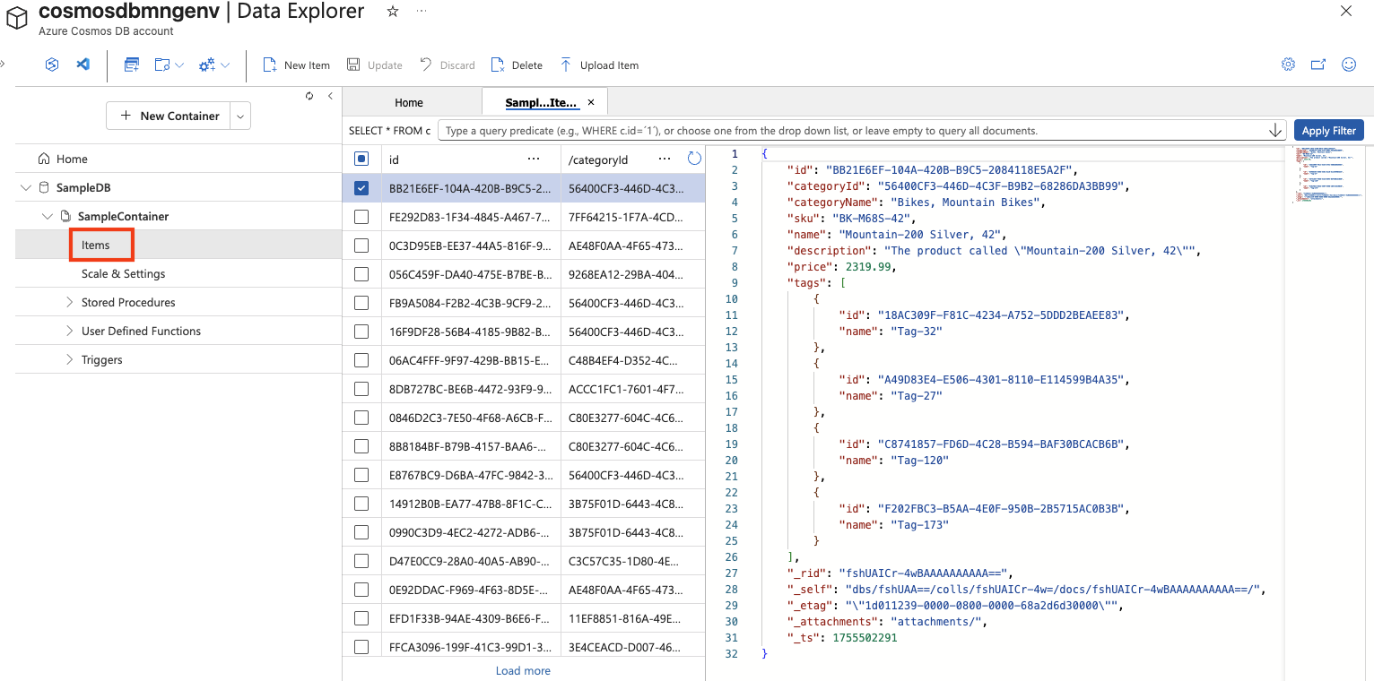 Recorte de pantalla de los elementos del Explorador de datos de Cosmos DB en Azure Portal