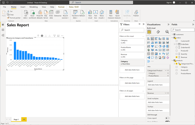 Captura de pantalla en la que se muestra un gráfico de columnas explorado en profundidad para ver los productos de una categoría.