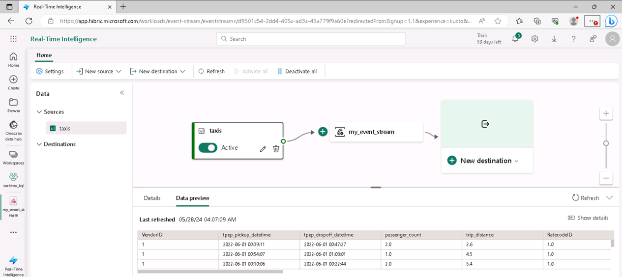 Captura de pantalla de la vista previa de datos de Eventstream.