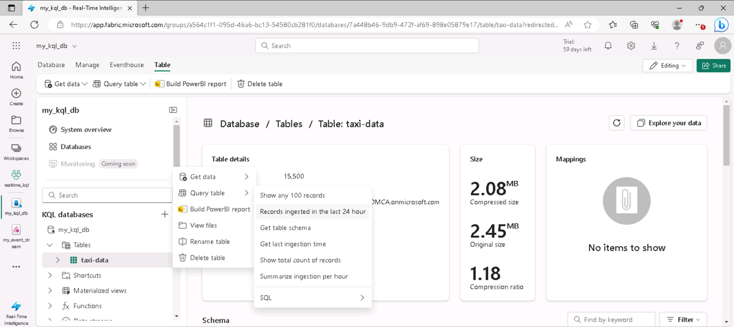 Captura de pantalla del menú Tabla de consulta en una base de datos KQL.