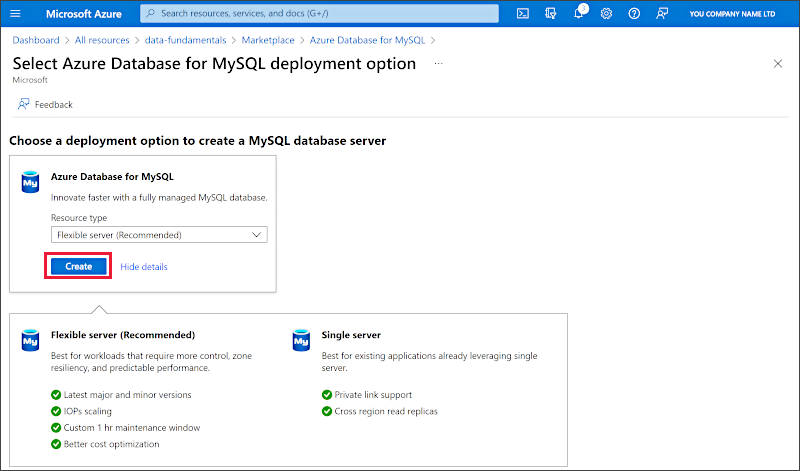 Captura de pantalla de las opciones de implementación para Azure Database for MySQL