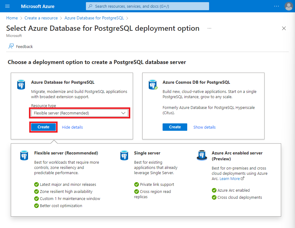 Captura de pantalla de las opciones de implementación de Azure Database for PostgreSQL