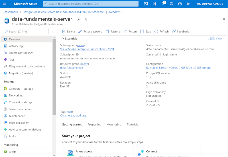 Captura de pantalla de Azure Portal en la que se muestra la página de Azure Database for PostgreSQL.