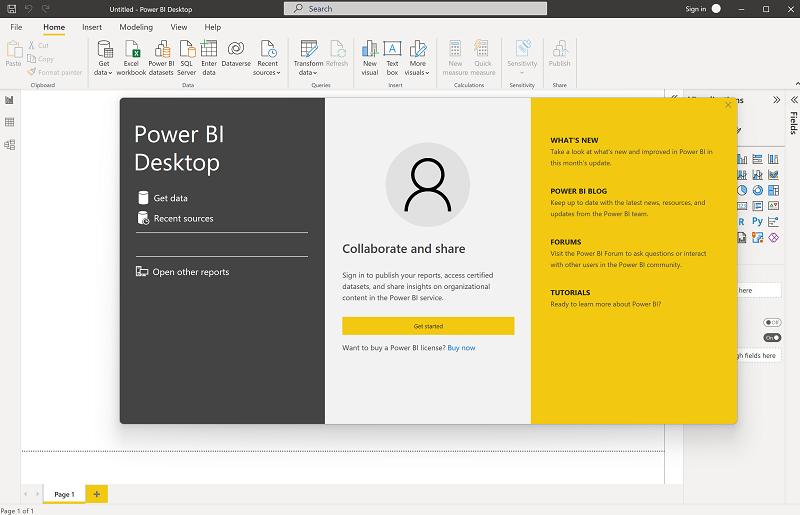 Captura de pantalla en la que se muestra la pantalla de inicio de Power BI Desktop.