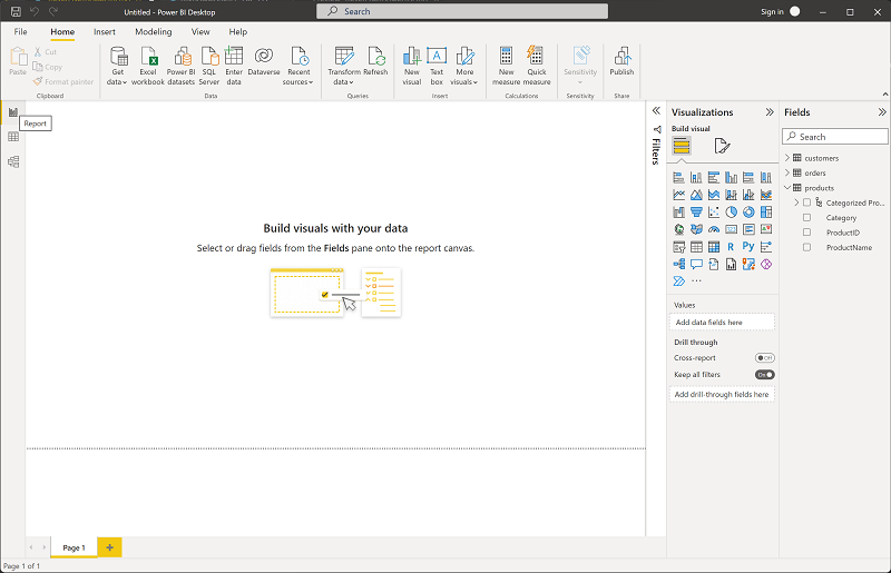 Captura de pantalla en la que se muestra la pestaña Informe en Power BI.