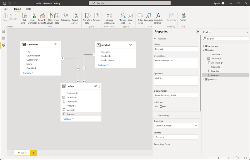 Captura de pantalla en la que se muestra cómo establecer el formato Ingresos en Moneda en Power BI.