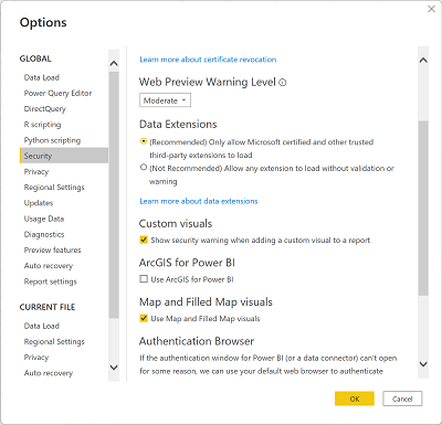 Captura de pantalla en la que se muestra cómo establecer la propiedad Usar objetos visuales de mapa y de mapa rellenado en Power BI.