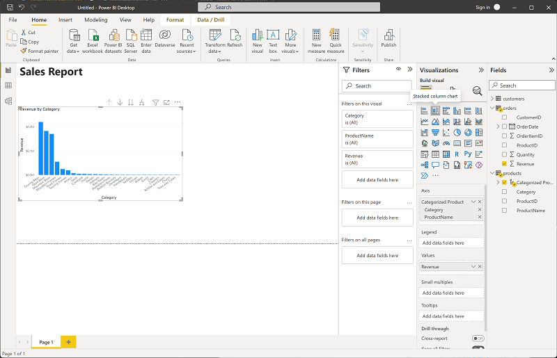 Captura de pantalla en la que se muestra un gráfico de columnas apiladas de productos clasificados con ingresos en un informe.