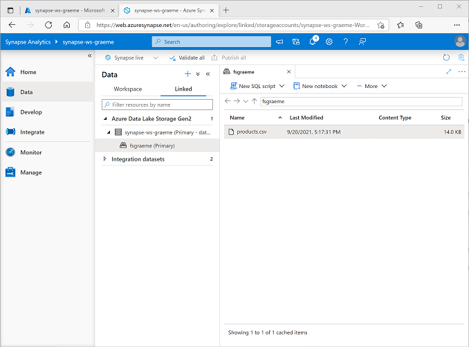 Imagen en la que se muestra la jerarquía de Azure Data Lake Storage Gen 2 expandida de Synapse Studio con el almacenamiento de archivos de su área de trabajo de Synapse.