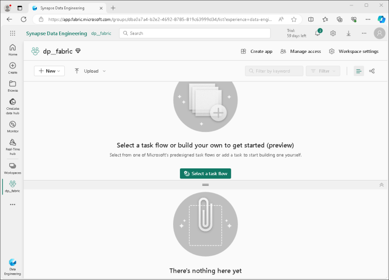 Capture d’écran d’un espace de travail vide dans Power BI.