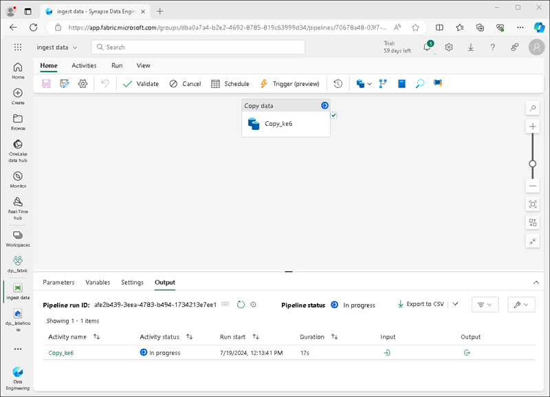 Screenshot di una pipeline con un'attività Copia dati.