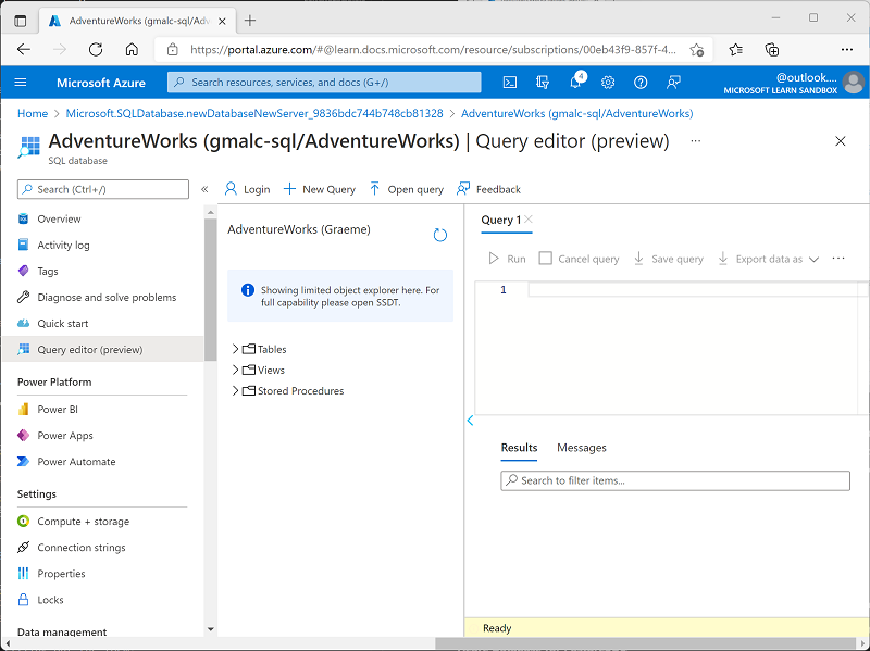 Screenshot del portale di Azure che mostra l'editor di query.