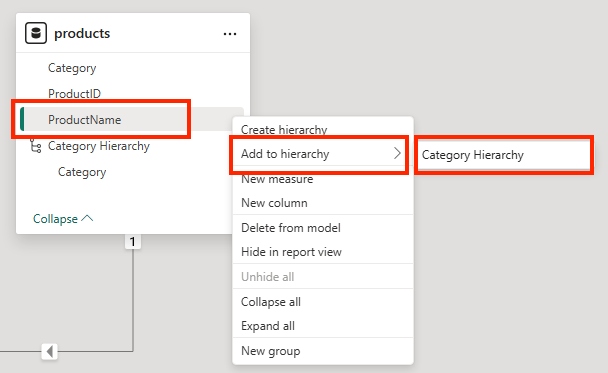 Power BI でカテゴリ階層に製品名を追加する方法を示すスクリーンショット。