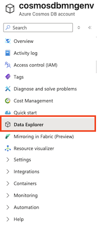 Azure Portal Comsos DB の [Data Explorer] メニューのスクリーンショット