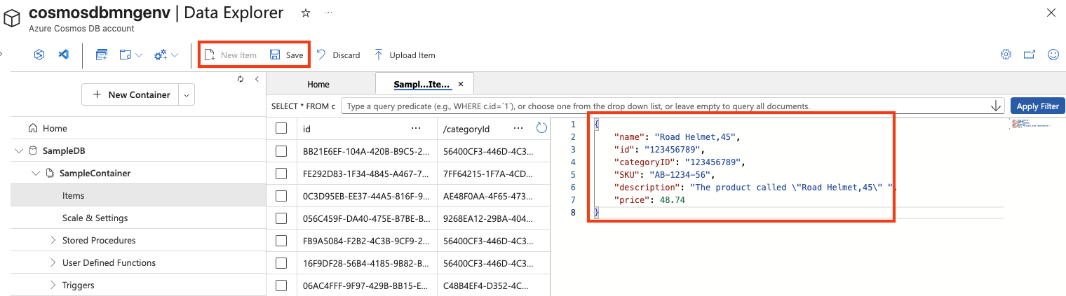 Azure Portal Comsos DB の [Data Explorer] の [新しい項目] を示すスクリーンショット