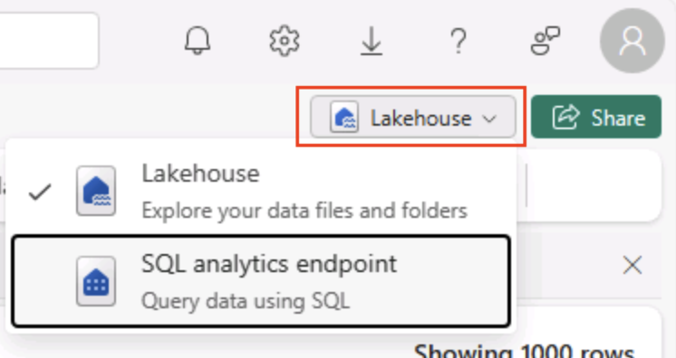 Fabric レイクハウスの SQL エンドポイントメニュー オプションのスクリーンショット