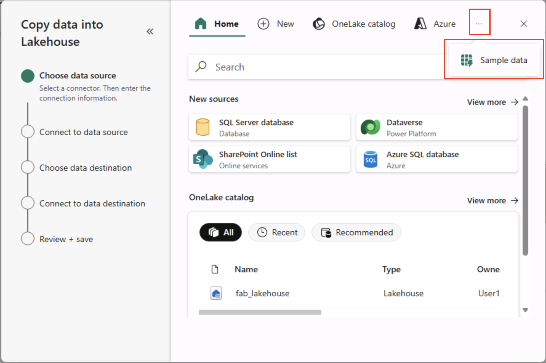 [サンプル データ] オプションが強調表示されているパイプラインのデータ コピー ウィザードのスクリーンショット