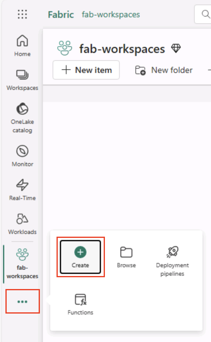 メニュー バーにある Fabric の [作成] オプションのスクリーンショット。