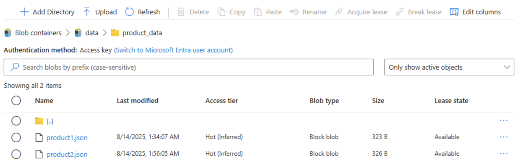 アップロードされた BLOB を示す Azure Portal のスクリーンショット