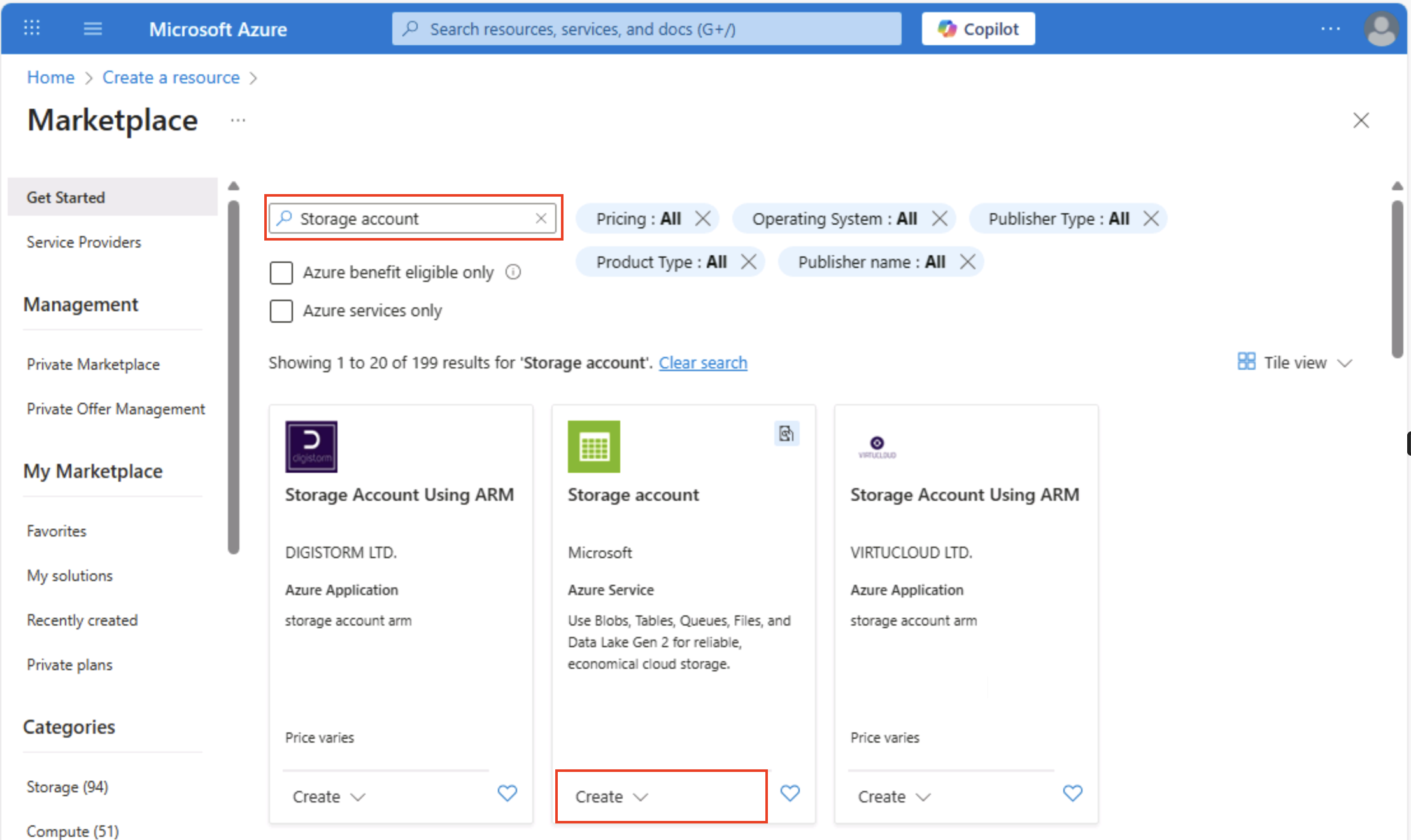 マーケットプレースが表示されている Azure Portal のスクリーンショット