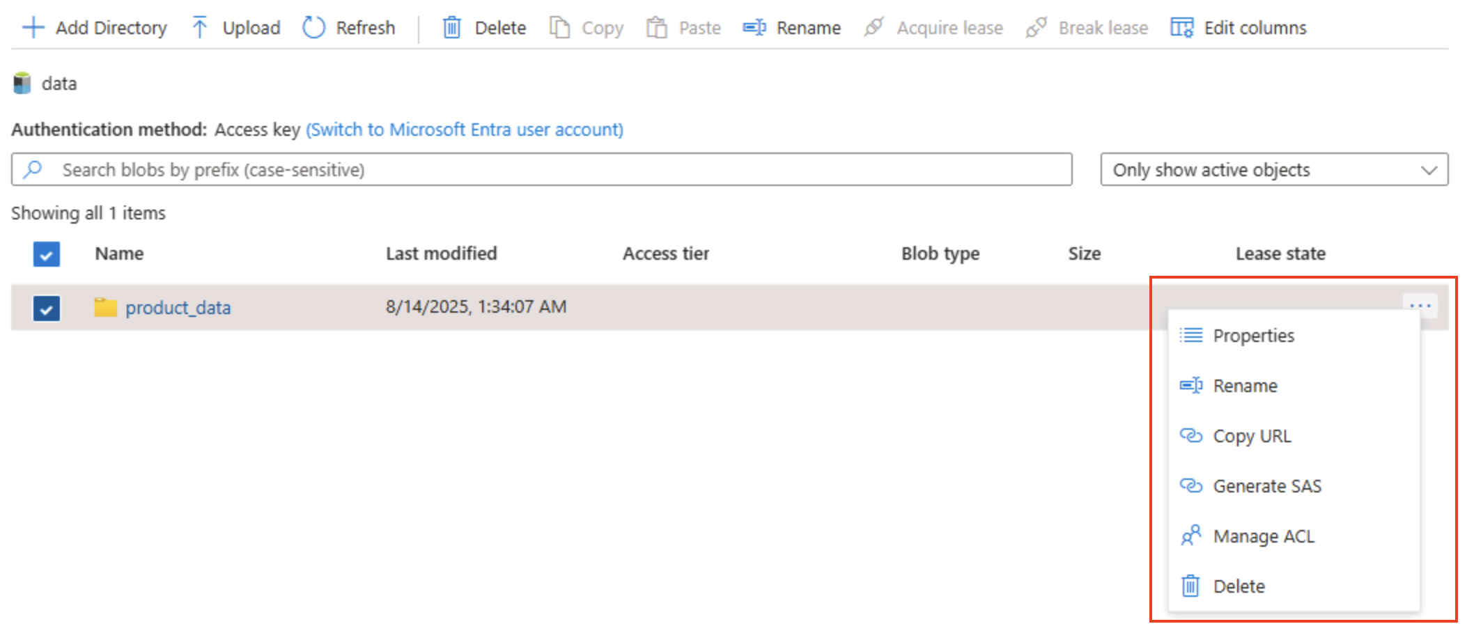 データ レイク フォルダー オプションが表示されている Azure Portal のスクリーンショット