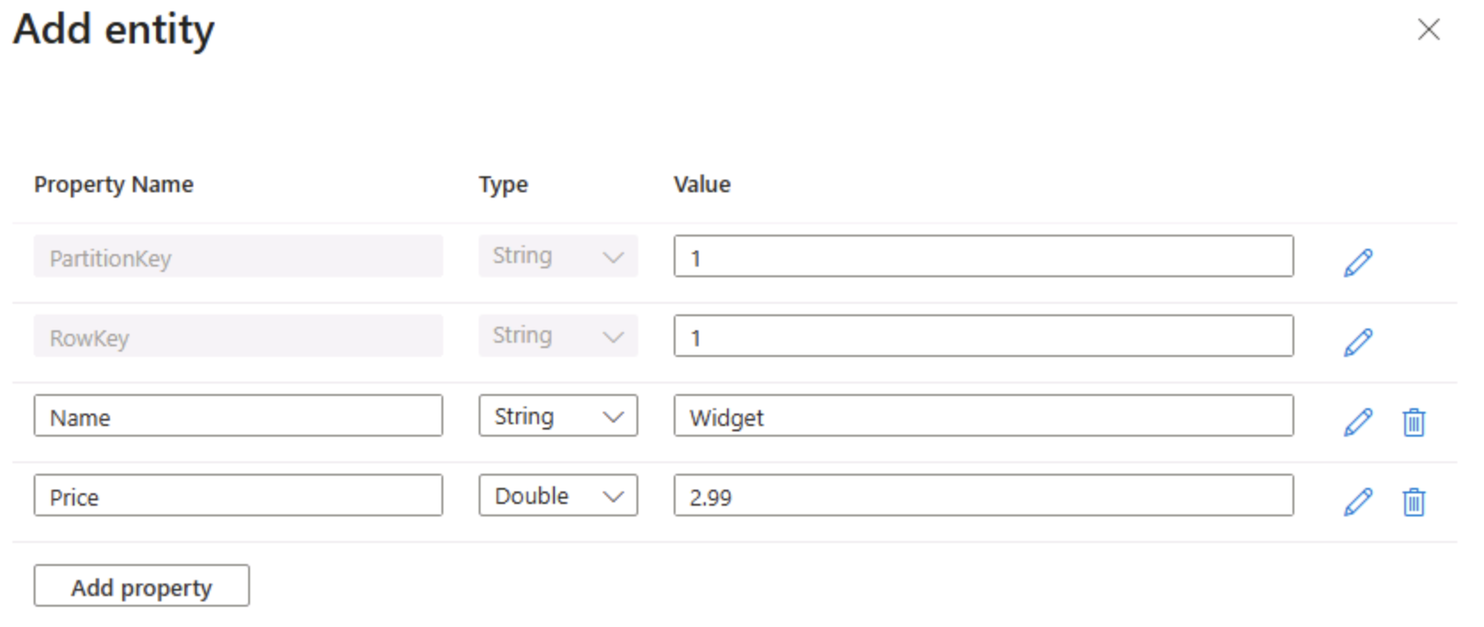 テーブルの挿入を示す Azure Portal のスクリーンショット