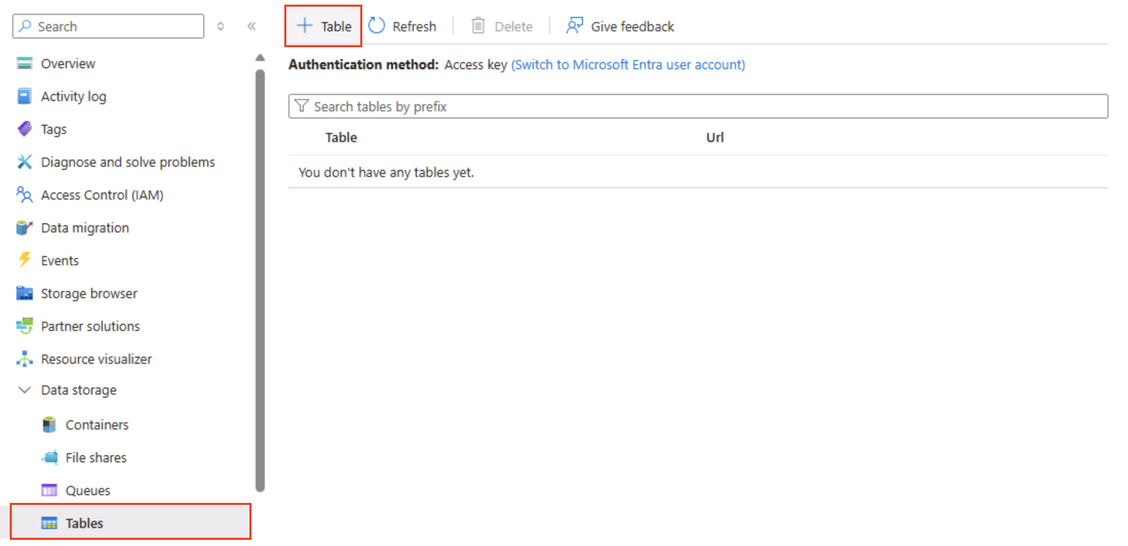 テーブル メニューが表示されている Azure Portal のスクリーンショット