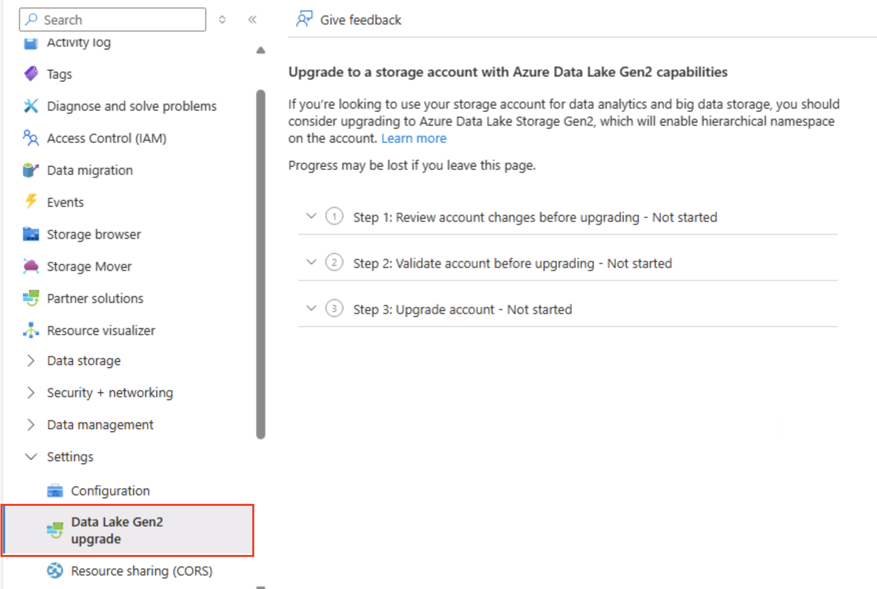 Data Lake Gen2 のアップグレードを示す Azure Portal のスクリーンショット