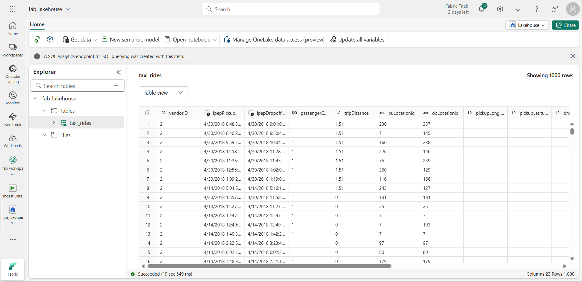 taxi_rides テーブルのスクリーンショット。