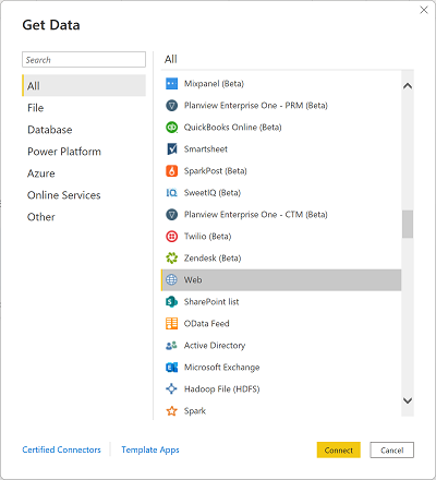 Power BI で Web データ ソースを選択する方法を示すスクリーンショット。