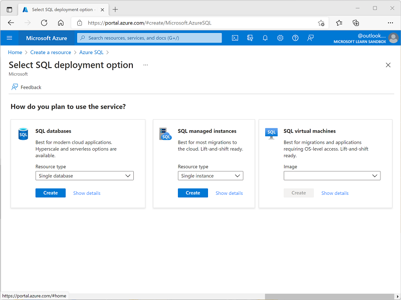 Azure SQL 페이지를 보여 주는 Azure Portal의 스크린샷