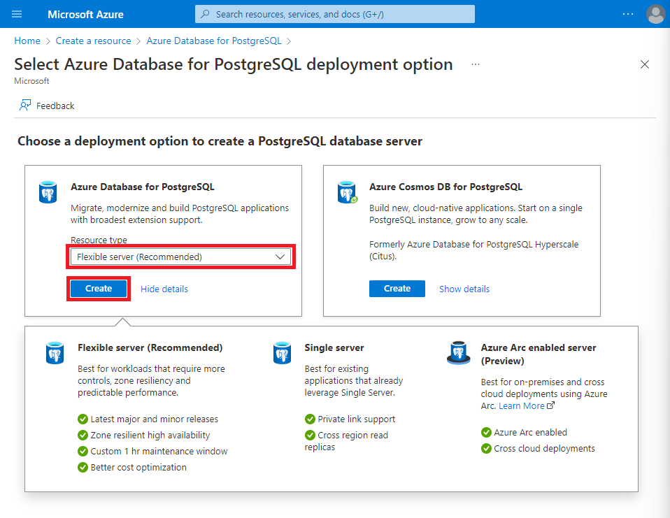 Azure Database for PostgreSQL 배포 옵션 스크린샷