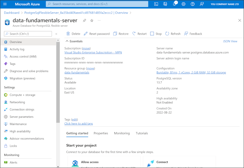 Azure Database for PostgreSQL 페이지를 보여 주는 Azure Portal의 스크린샷