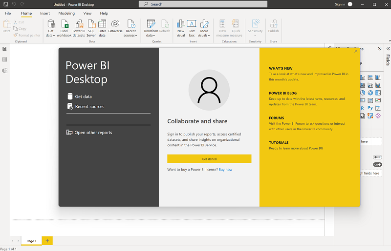Power BI Desktop 시작 화면을 보여 주는 스크린샷