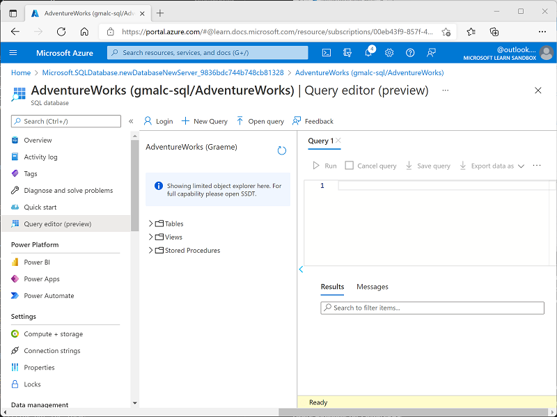 Azure Portal의 쿼리 편집기 스크린샷