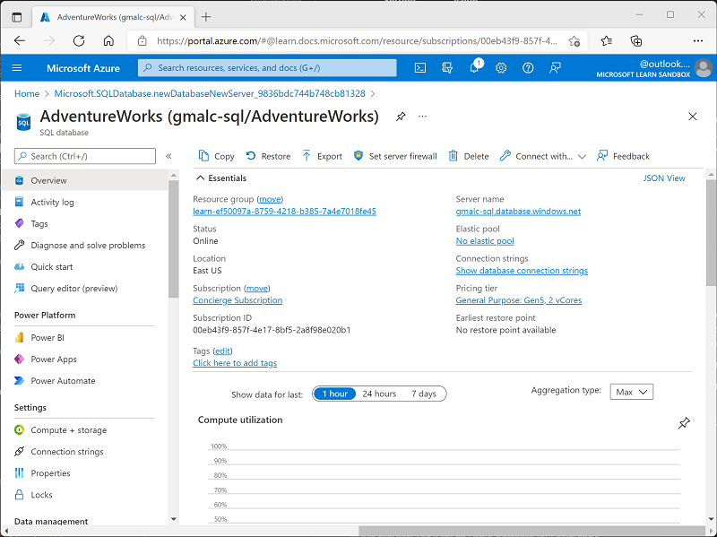 SQL Database 페이지를 보여 주는 Azure Portal의 스크린샷
