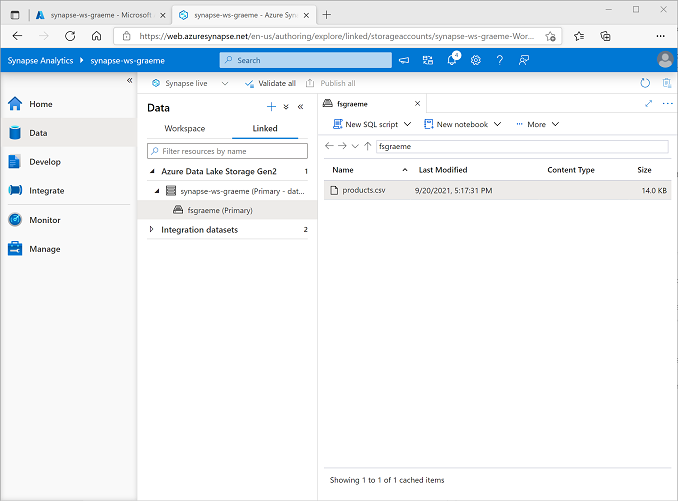 Synapse 작업 영역의 파일 스토리지가 있는 Azure Data Lake Storage Gen 2 계층 구조가 확장된 Synapse Studio를 보여 주는 이미지