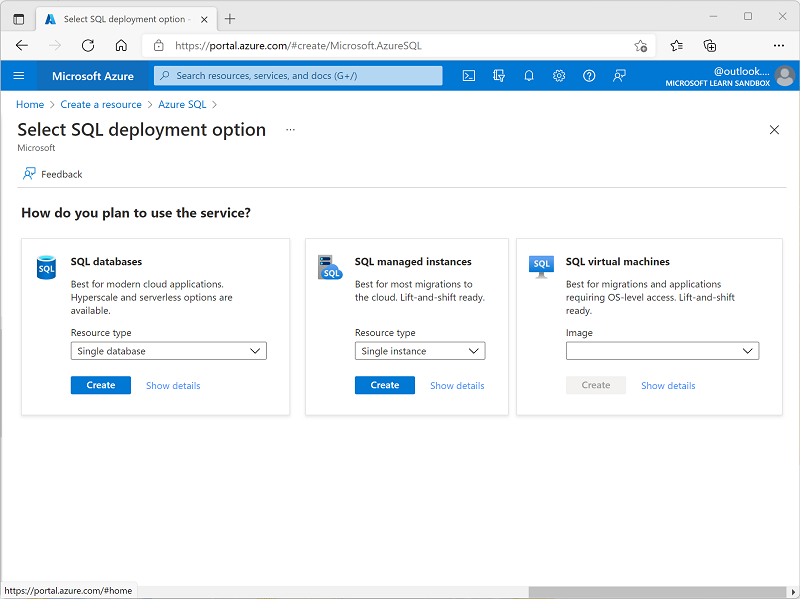 Captura de tela do portal do Azure mostrando a página do SQL do Azure.