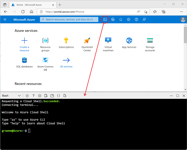 Portal do Azure com um painel do Cloud Shell