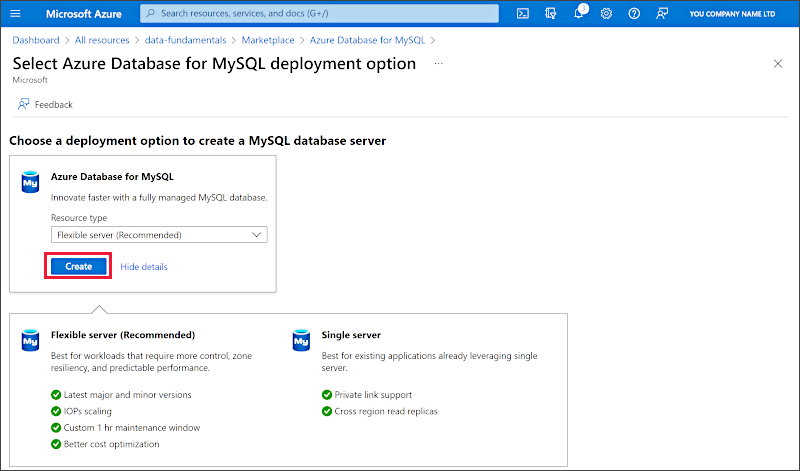Captura de tela das opções de implantação do Banco de Dados do Azure para MySQL