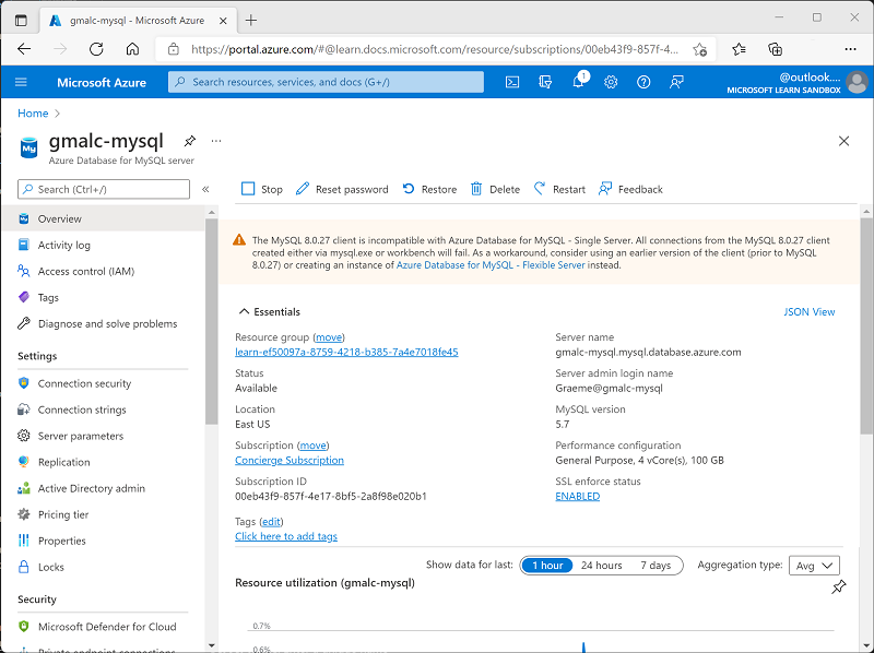 Captura de tela do portal do Azure mostrando a página do Banco de Dados do Azure para MySQL.