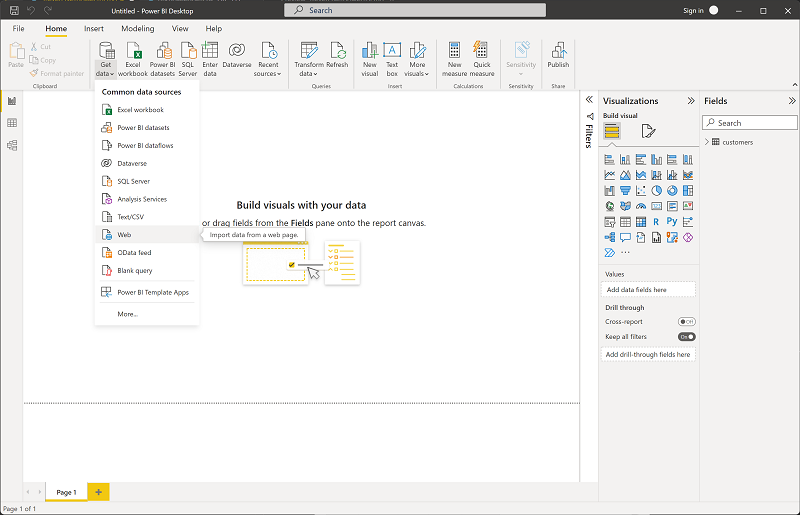 Снимок экрана с меню "Получение данных" в Power BI.