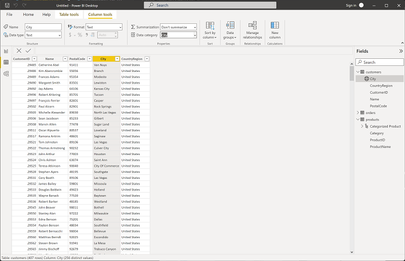 显示如何在 Power BI 中设置数据类别的屏幕截图。