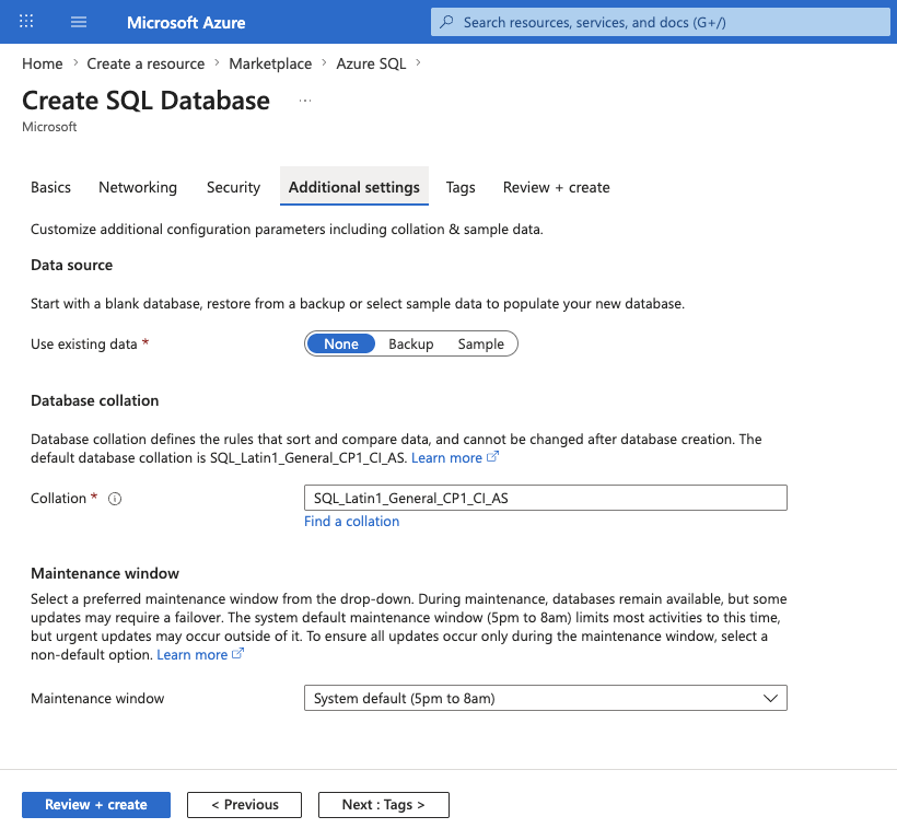 Screenshot of the Additional settings tab with Use existing data set to None.