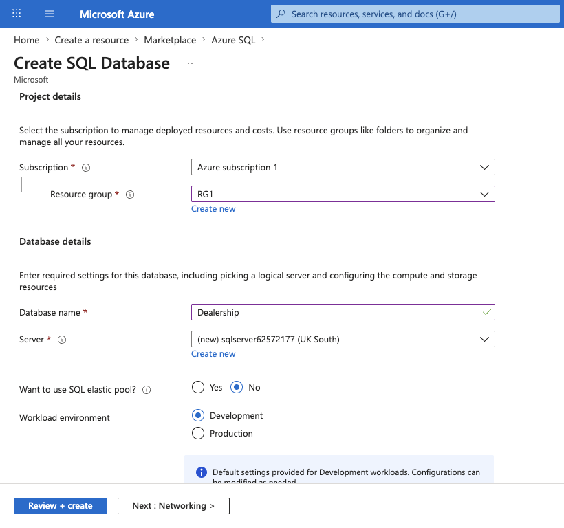 Screenshot of the Basics tab of the Create SQL Database page showing the resource group, database name, and server settings.