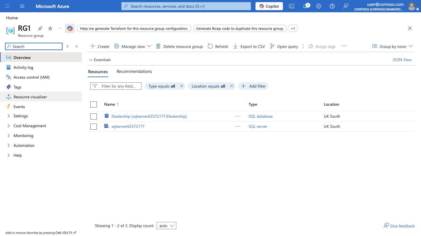 Screenshot of the resource group overview showing the Delete resource group button and the SQL database and server resources.