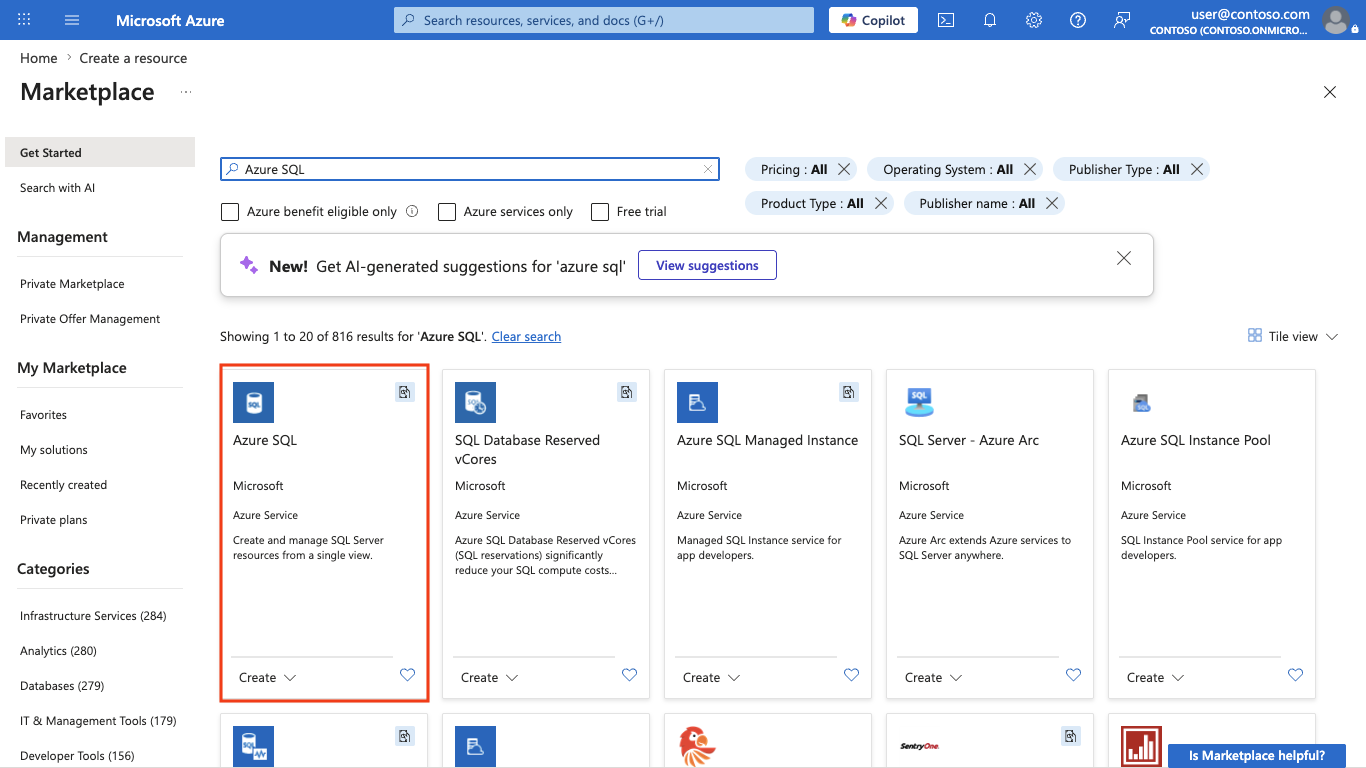 Screenshot of the Azure Marketplace search results for Azure SQL.
