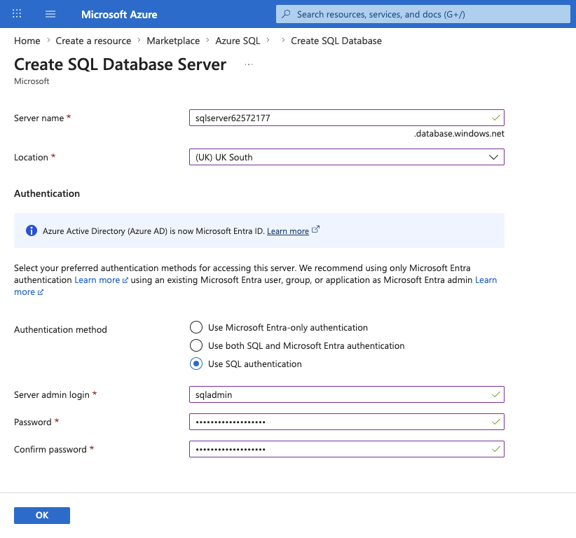 Screenshot of the Create SQL Database Server form with Use SQL authentication selected and the server name, location, and admin login filled in.